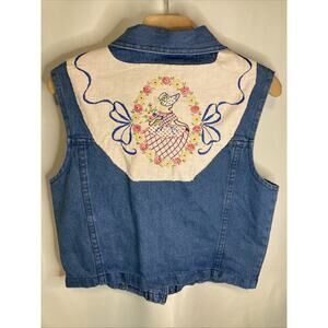 Vintage 90s Size Large Embroidered Granny Cottagecore Floral Prairie Denim Vest